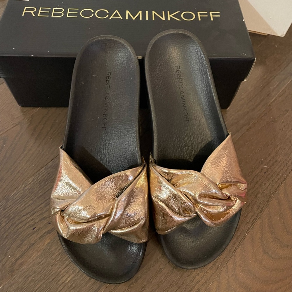 Rebecca Minkoff Gold and Black Slides